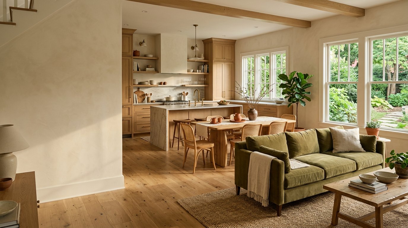 A warm, sunlit living room opening to an inviting kitchen