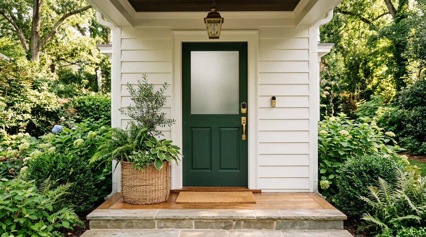 Deep green front door with discreet smart-entry details